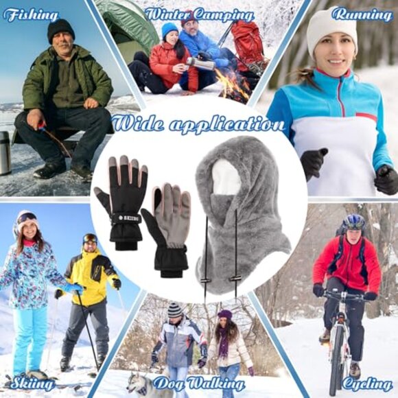 Fleece Balaclava Ski Mask Thermal Windproof 3-in-1 Hood with Touchscreen Gloves